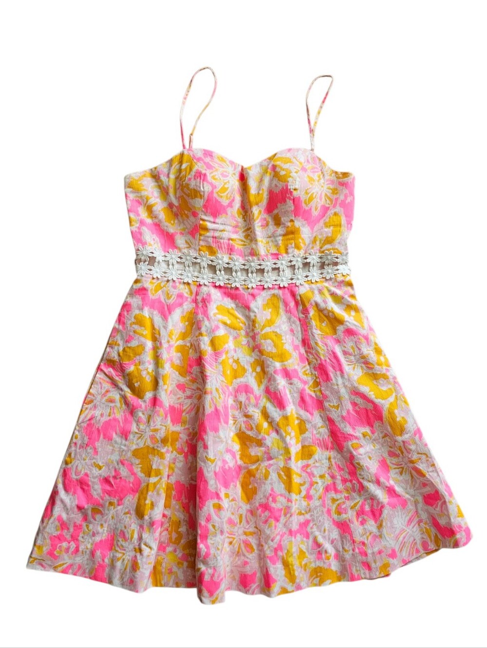 Lilly Pulitzer Womens Lenore Pink & Yellow Sundress with Lace Waist Size 6